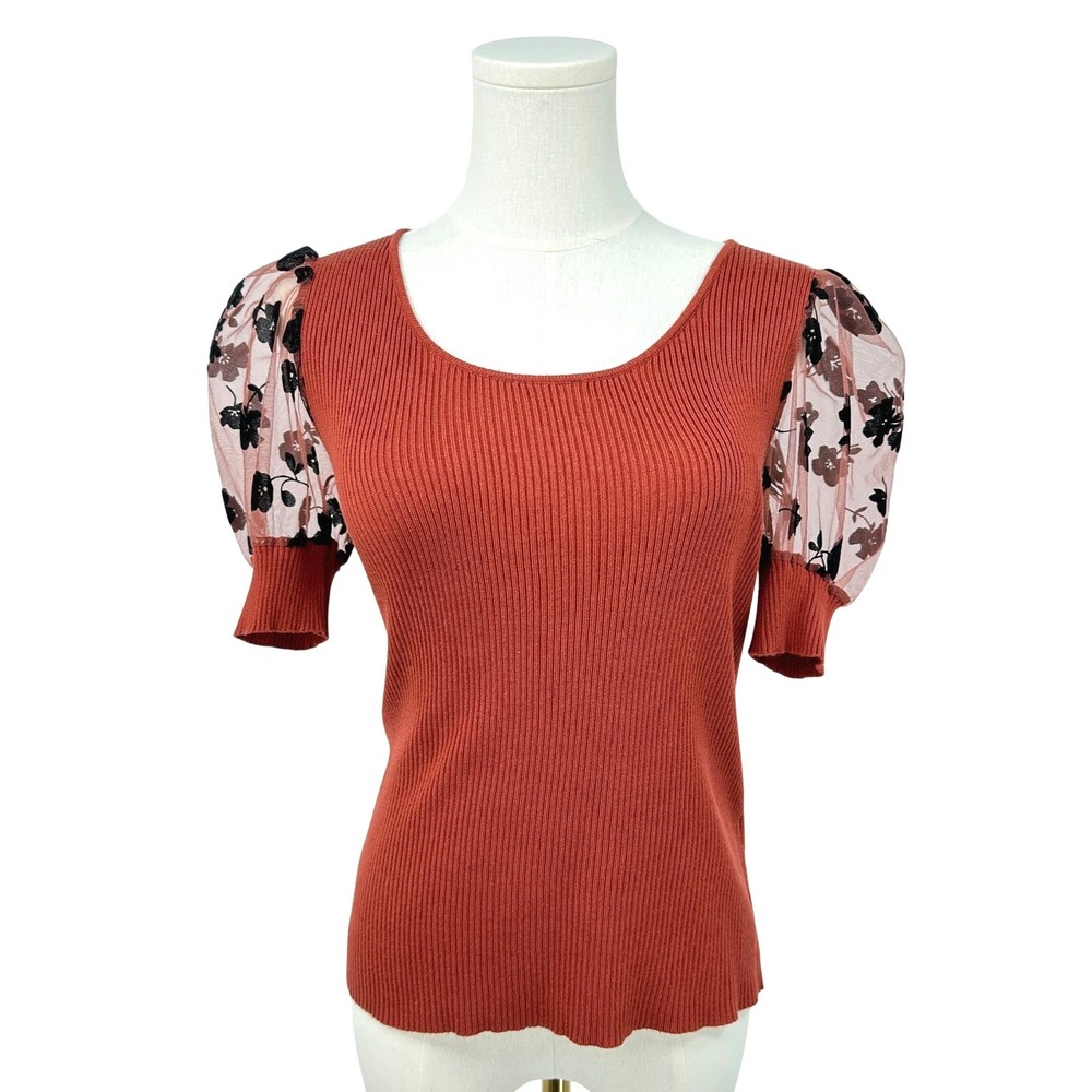 Ribbed Knit Top Medium Salmon & Black‎ Sheer Floral Puff Sleeve Whimsigoth